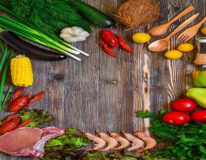 Régime alimentaire : fruits, légumes, crustacé, viande maigre...