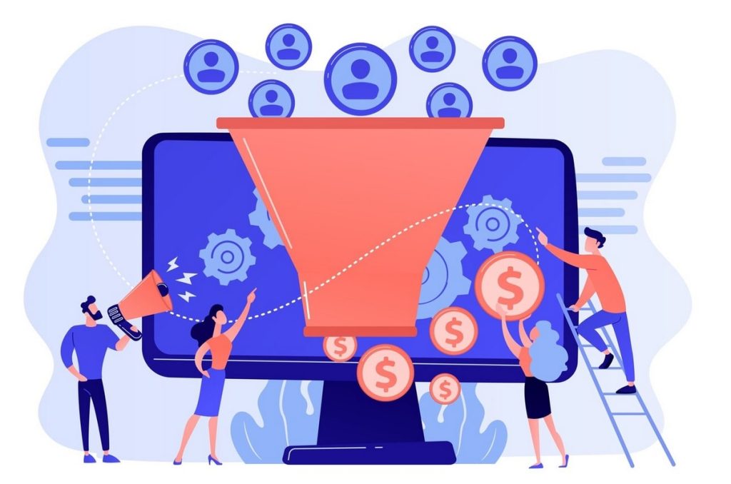 Illustration vectorielle d'un entonnoir marketing transformant des profils en revenus, symbolisant le Cercle du Lead en action commerciale