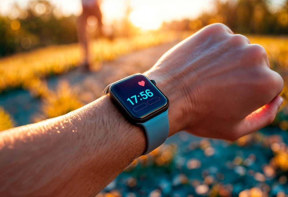 Gros plan sur une "smartwatch" moderne au poignet, affichant ses fonctionnalités connectées, et pouvant intégrer un "traceur GPS" pour le suivi d'activité