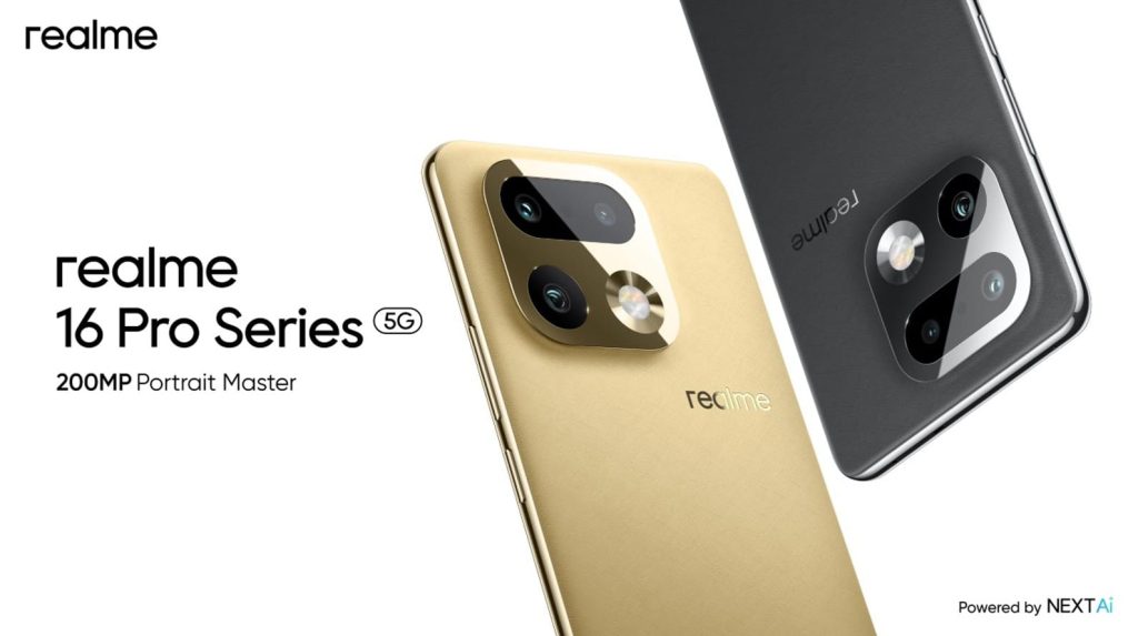 Image publicitaire pour le smartphone realme 16 Pro Series, présentant des modèles or et noir avec un appareil photo 200MP.