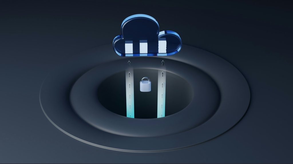 Illustration conceptuelle 3D de la sécurité des données dans le cloud, montrant comment utiliser l'IA pour sécuriser le transfert d'informations vers un nuage numérique bleu et lumineux.