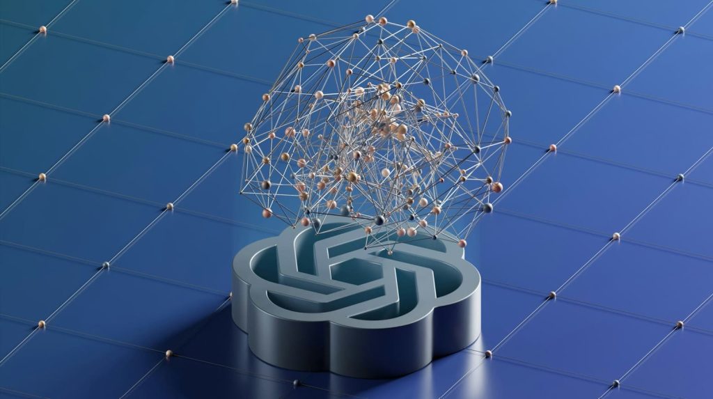 Rendu 3D conceptuel montrant le logo OpenAI en métal sur une grille bleue, surmonté d'un grand réseau neuronal complexe de sphères et de fils, illustrant la puissance des solutions IA professionnelles.