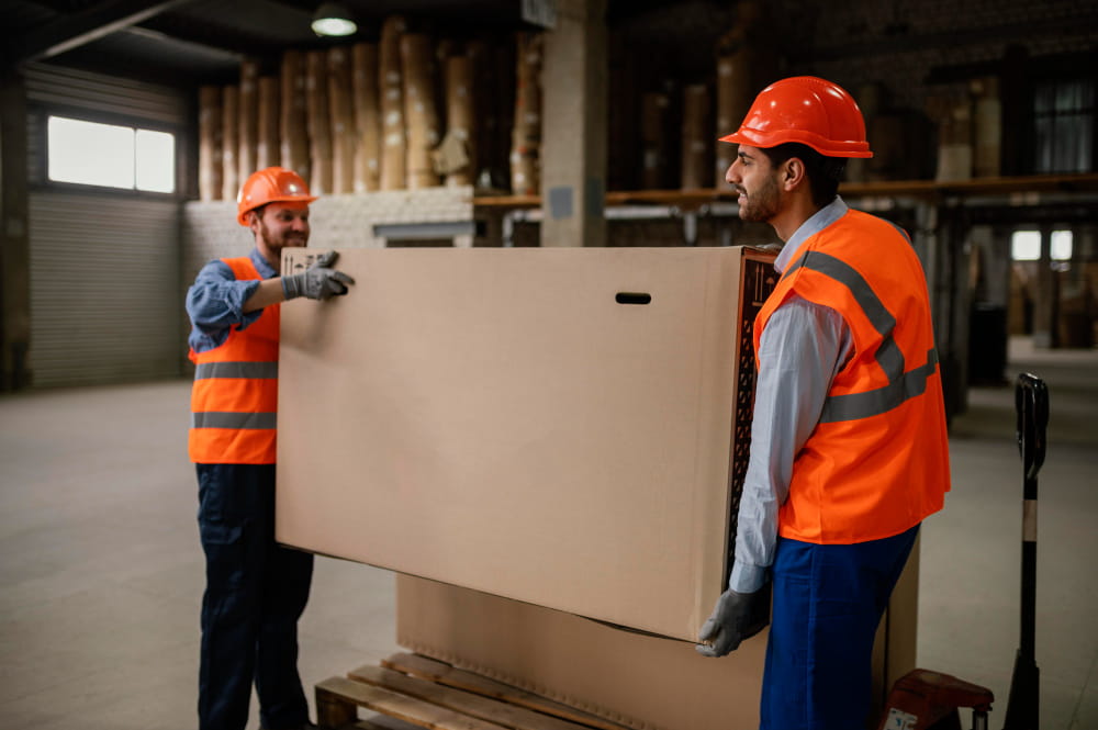 Deux ouvriers équipés de casques de chantier et de gilets de sécurité manipulant un grand carton lors d'un déménagement industriel dans un entrepôt