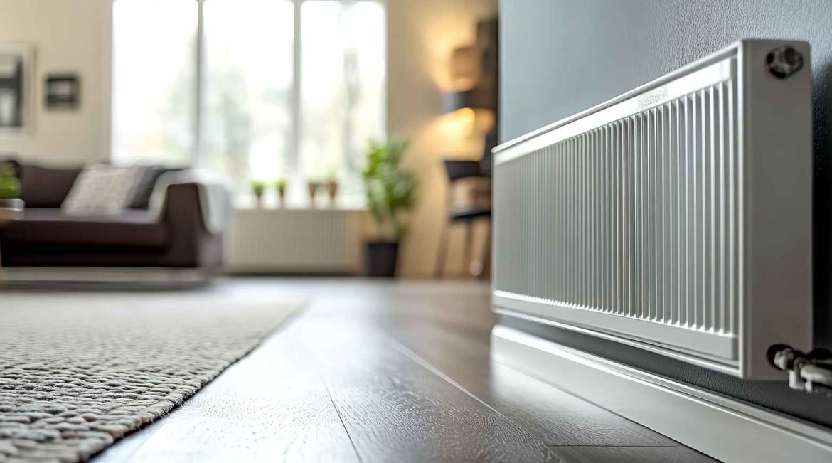 Un radiateur moderne installé dans un salon lumineux, illustrant des conseils d un pro pour économiser chauffage.