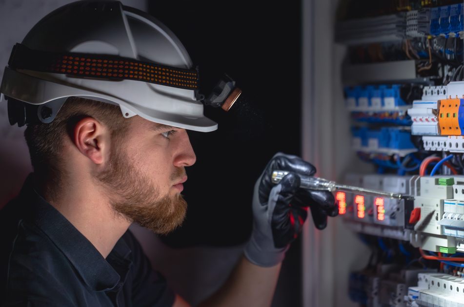 Un électricien équipé d'un casque ajuste un disjoncteur au tableau pour une installation électrique cuisine moderne sécurisée.